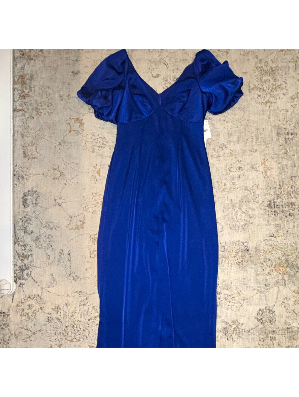 Aidan Mattox Blue Satin V-Neck Puff Sleeve Lined Maxi Dress Sz 8 A365